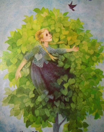 Zeichnung von Mädchen zwischen den Blättern eines Lindenbaumes.