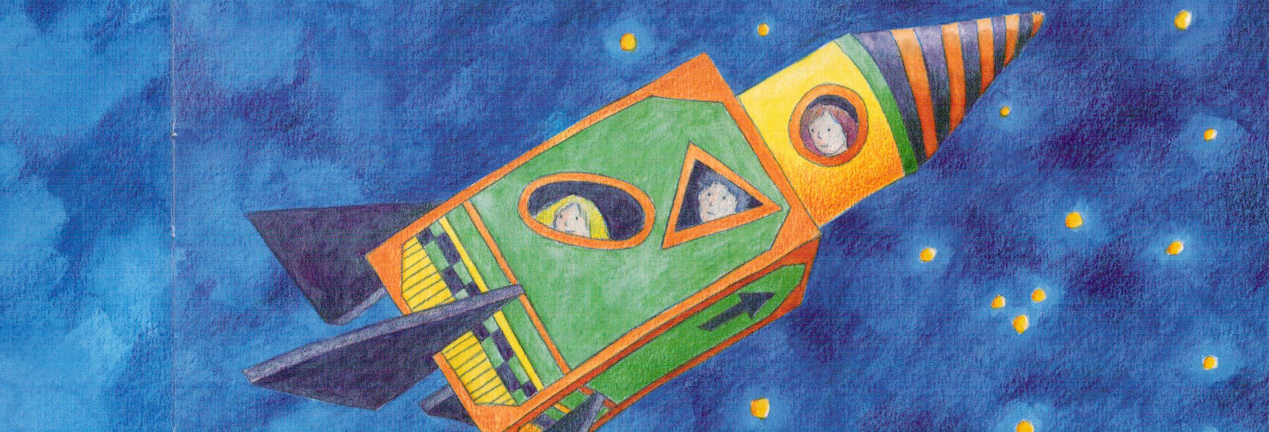 Zeichnung von drei Kindern in einer Rakete